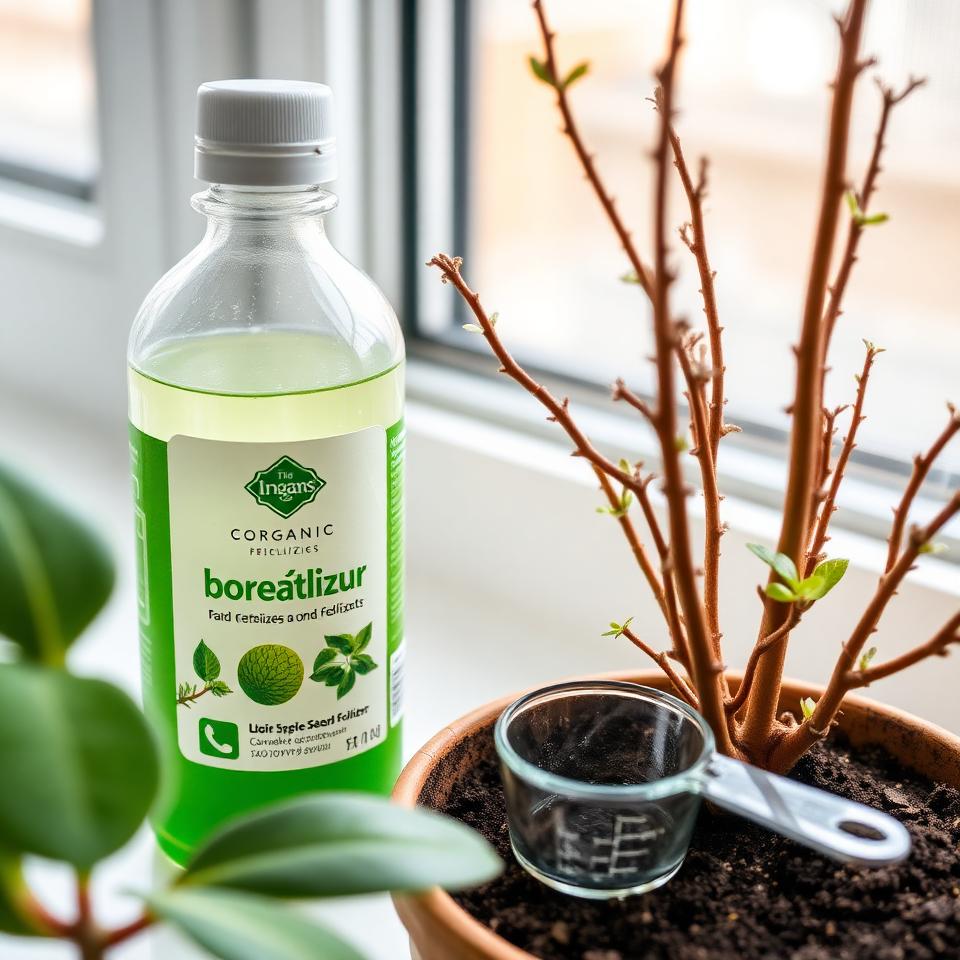 Organic fertilizer bottle next to a dormant houseplant in winter with measuring cup on windowsill
