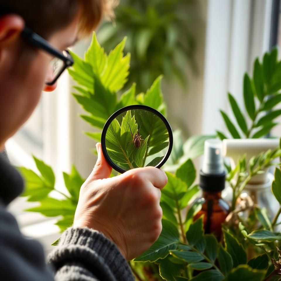 Person inspecting houseplant leaves with magnifying glass for pests, neem oil spray nearby