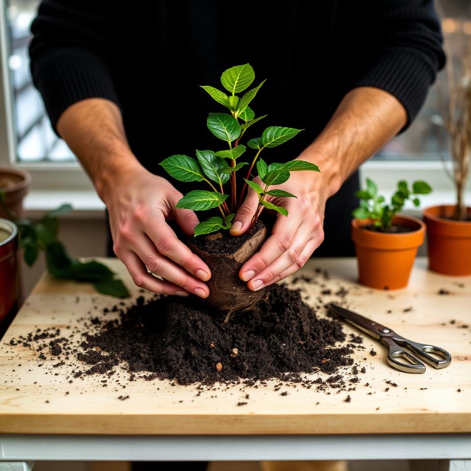 Hands repotting a houseplant with fresh soil on a potting bench, winter scene through window