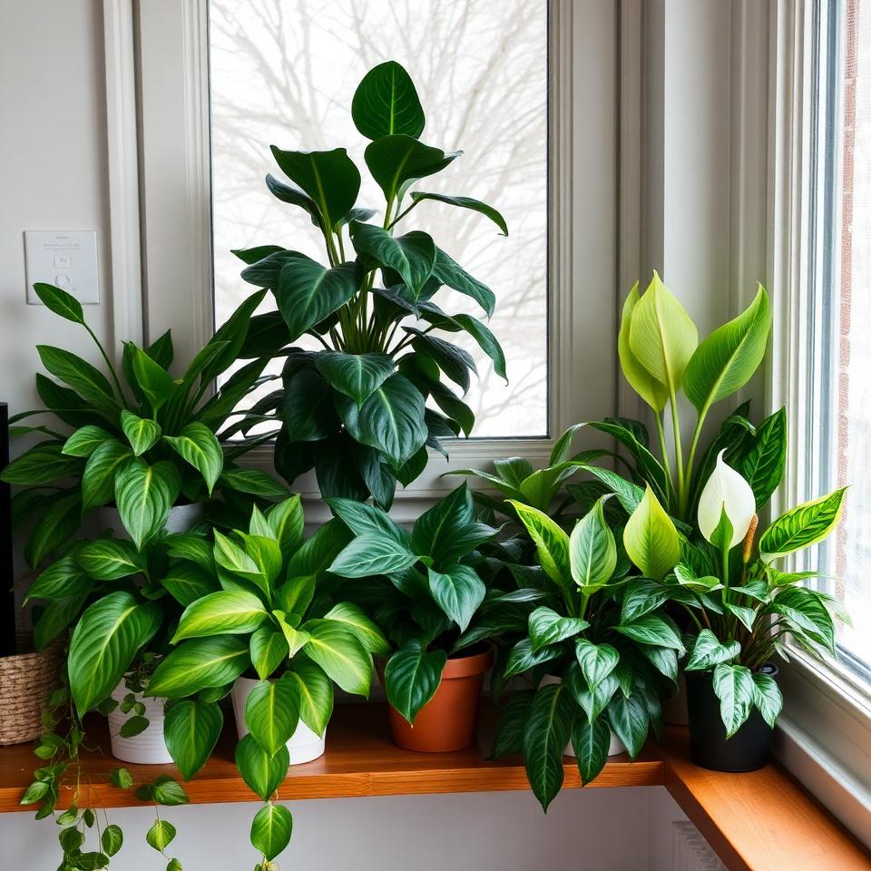 Collection of winter-hardy indoor plants including pothos, peace lily, and ZZ plant on a wooden shelf